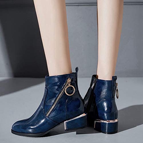 VOKLIN Women's Fashion Round Toe Dressy Ankle Booties Metallic Leather Zipper Mid Heel Chelsea Short Boots4