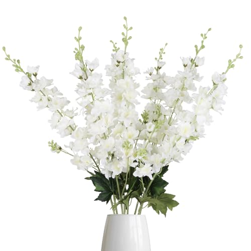 White Delphinium Artificial Flowers,8PCS Long Stem Silk Larkspur Flowers 33.5'' Faux Delphinium Stems for Tall Vase Home Wedding Table Decor(White)