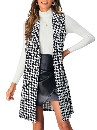 SOLY HUX Women's Plaid Houndstooth Print Blazer Long Vest Top Sleeveless Cardigan Jacket
