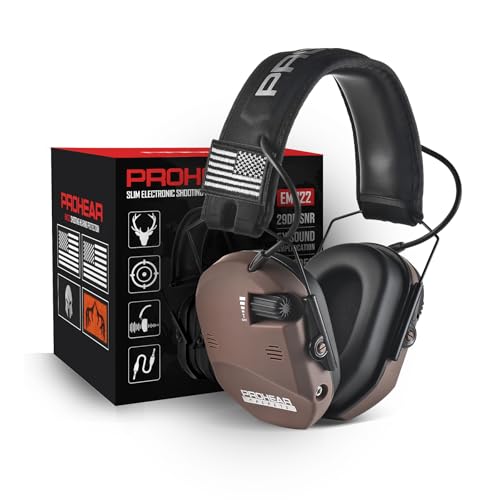 PROHEAR 022 Electronic Ear Protection for Shooting & Hunting - 29dB SNR Noise Reduction 5X Sound Amplification 4 Omnidirectional Microphones HD Speakers - Gun Range Hearing Protection Muffs Brown