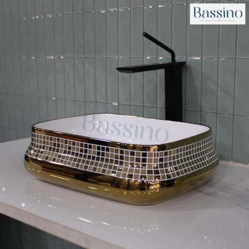 Image of BASSINO 18x14x5 Inches Ceramic Counter Top Wash Basin /1 Year Warranty /White & Rose Gold Basin for Bathroom /Rectangular Shape Tabletop Washbasin for Restaurant /Dining Hall /Living Room /Home(Glossy)