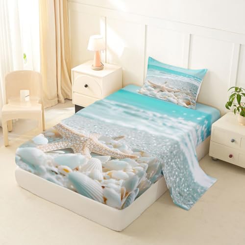 Image of jejeloiu Summer Beach Bed Sheets Set Twin Size Sea Bed Set for Kids Boys Girls Ocean Deep Pocket Fitted Sheet Starfish Breathable Soft Lightweight Microfiber