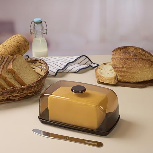 Image of Nayasa Smart Transparent Butter Dish with Lid & Butter Knife | BPA-Free Food Grade Plastic Butter Storage Container | Easy to Clean Butter Keeper for Butter, Cheese & Table Serving | Brown