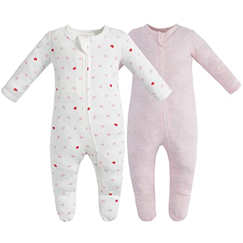 Owlivia Organic Cotton Baby Pajamas, Boys Girls 2-Pack Zip Front Sleep 'N Play, Footed Sleeper, Long Sleeve(6-12 Months, Pink Melange+Pink Heart)
