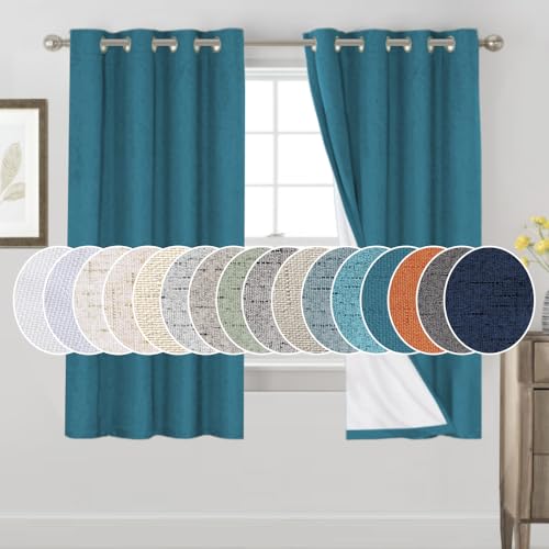 Image of PrinceDeco Blackout Curtains 63 Inch Length Linen Textured 100% Thermal Insulated Curtains with White Liner for Bedroom Sun Blocking Linen Curtains for Living Room, W52 x L63, Set of 2, Blue Sapphire