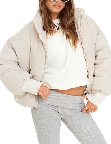 UANEO Puffer Jacket Womens Oversized Cropped Puffy Quilted Winter Jackets Coat (Beige-S)