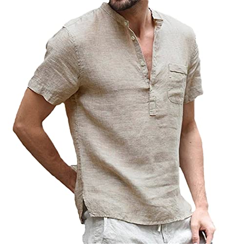 Chemise col montant homme coton lin respirante kaki XL contre la chaleur