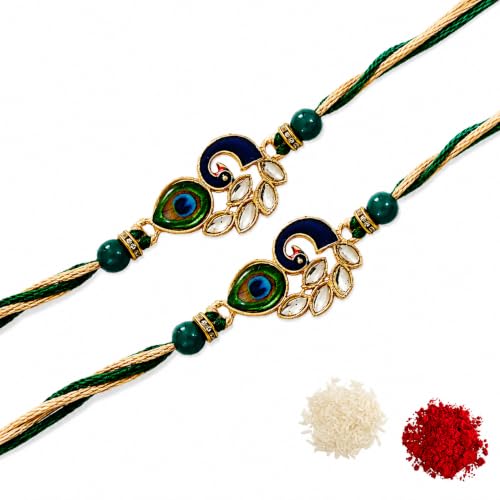 Image of Rakhi For Brother | Elegant Kundan Gold Plated Metal Rakhis For Brother Bhai Rakhi With Roli Chawal and Greeting Card (Set of 2 Rakhis)