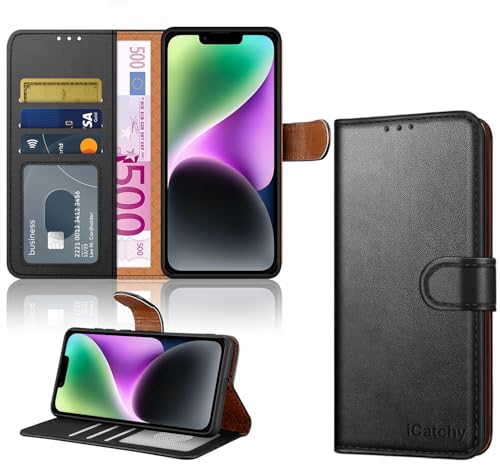 iCatchy iPhone 14 Case 6.1-Inch Leather Wallet Book Stand view Magnetic Protect RFID Blocking Flip Cover Compatible with iPhone 14 (Black)