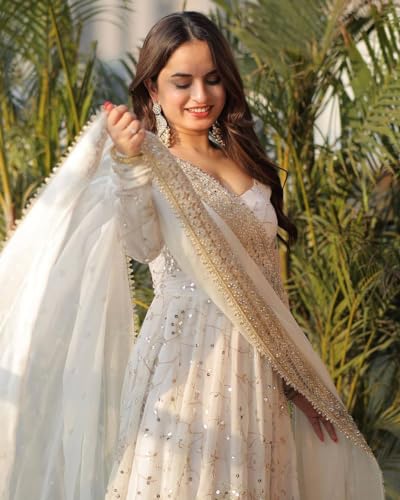 Women Faux Georgette Anarkali Gown Set with Dupatta Embroidery Sequins Work Ethnic Wear - Image 6