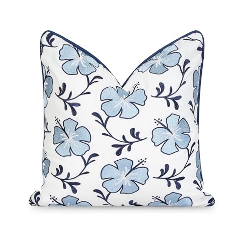 Hofdeco Premium Coastal Patio Indoor Outdoor Throw Pillow Cover Only, 18"x18" Water Repellent for Backyard, Couch, Baby Navy Blue Embroidered Hibiscus Floral with Piping