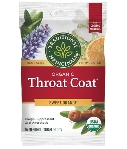 Traditional Medicinals Organic, Throat Coat Lozenges, Sweet Orange Fennel with Menthol - Herbal Cough Drops, Helps Soothe Sore Throat & Relieve Cough - Non-GMO, Stimulant-Free - 16 Count