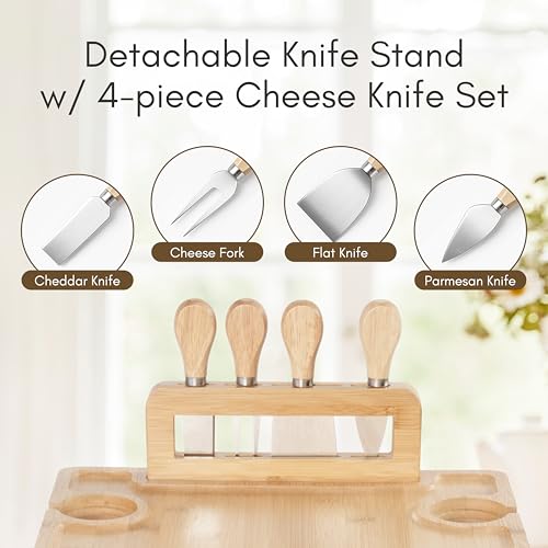 Charcuterie Picnic Table with Wine Glass Holder, Portable Wine & Cheese Board, 4-Piece Cheese Knife Set (Silver) w/Detachable Knife Stand, Bamboo Charcuterie Table, Hosting & Wine Lover Gift by Piticco - Used condition - US$26.45