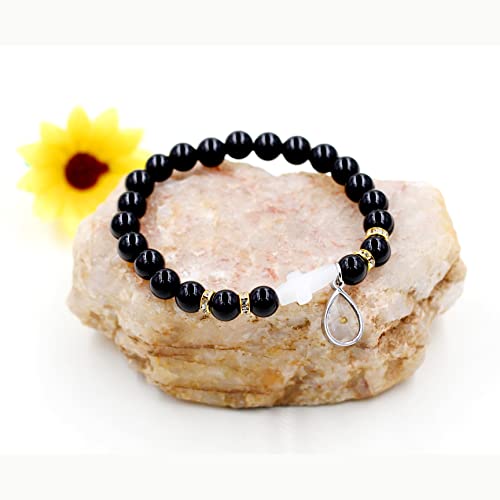 Image of Uloveido Black Agate Side Cross Bracelet Mustard Seed Charms, Personalized Letter A-Z Tiger's Eye Bangle Y944
