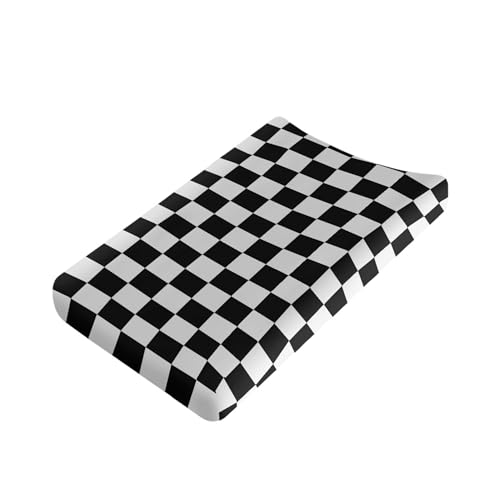 Image of Black and White Checkered Changing Pad Cover for Baby Girls Boys Cartoon Breathable Diaper Change Table Sheet Soft Stretchy Cute Change Table Mat Cover Fit 32x16