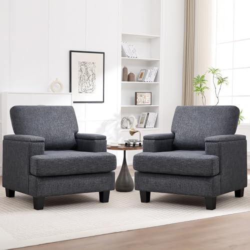 Image of Accent Chairs Set of 2 with Armrest Storage, Modern Upholstered Reading Living Room Chairs, Comfy Large Armchairs, Fabric Single Sofa Chair for Bedroom (Dark Grey)