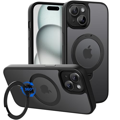 CACOE Magnetic Case for iPhone 15 6.1 inch with 360° Rotatable Ring Phone Stand,Compatible with MagSafe & Magnetic Car Phone Mount,iPhone 15 Cases Cover Phone Holder for Desk Meeting/Videos Black