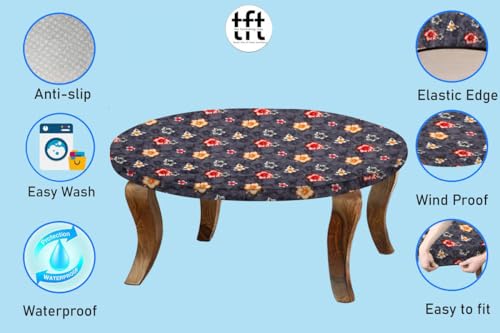Image of The Furnishing Tree Round Elastic Fitted Center Tpoy Table Cover WxL 28x28 Inches Floral Pattern Grey