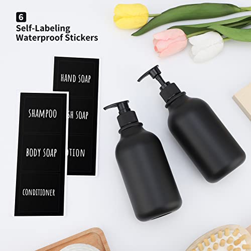 Image of Segbeauty Matte Black Shampoo Dispenser, 2pcs 16.9oz Empty Refillable Pump Bottle with Labels, 500ml Plastic Press Lotion Dispenser Bathroom Shower Containers for Conditioner Body Soap Hand Soap