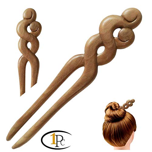 FINGER LOVE Handmade Carved Wood 2-Prong Vintage Style Hair Stick Conjugal Love (Green Sandalwood)