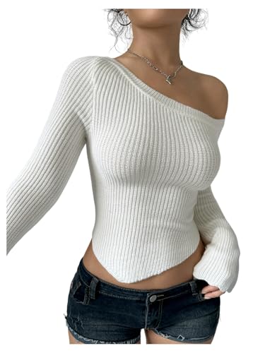 Milumia Women's Long Sleeve Off The Shoulder Sweaters Y2k Asymmetrical Hem Knitted Crop Tops