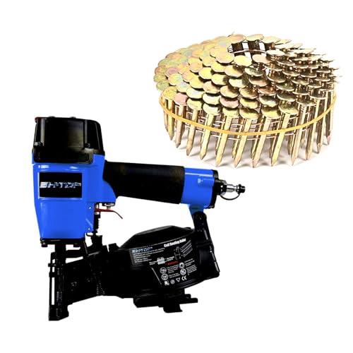 BHTOP CN45N Roofing Nailer, 15 Degree Roofing Nail Gun & 600 Count Coil Roofing Nails 1-1/4 Inch x .120-Inch