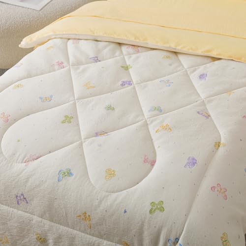 Image of Caressma 5 Pieces Twin Comforter Set for Kids - Soft Prewashed Cotton Colourful Butterfly Print Bedding Set, Includes Comforter, Fitted Sheet, Flat Sheet, Pillow Case & Pillow Sham for All Seasons