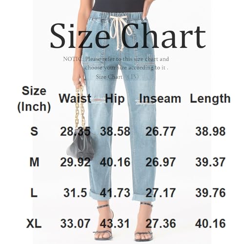 Ripped Pull On Jeans for Women Elastic Waist Cuffed Distressed Mid Rise Straight Leg Jeans Drawstring Denim Pants4