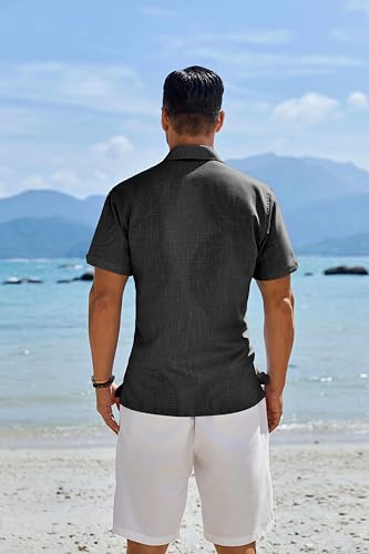 Image of COOFANDY Men's Button Down Shirts Short Sleeve Casual Shirts Summer Beach Linen Shirts with Pocket