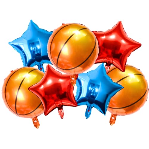Image of Party Decorz Basketball Foil Balloon Set of 7pcs | Sports Balloon for Birthday Decor (3pcs Basketball Foil Balloons+ 2pcs Red Star Balloons+ 2pcs Blue Star Balloons)Basketball Theme Decoration Balloon