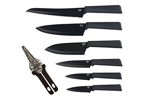 Kuhn Rikon 13-Piece Knife and Snips Colori+ Cutlery Set, Black - 6 Knives, 6 Knife Sheaths, 1 Snips - Japanese Stainless Steel - Everything You Need to Cut, Chop and Trim