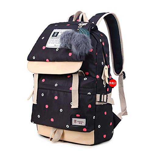 Mochila de lona con estampado Apple Black y detalle de pompón para instituto