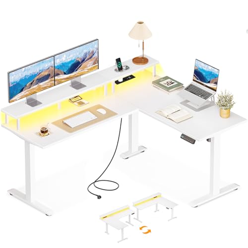 OffiGo Schreibtisch Höhenverstellbar, 150x120cm Eckschreibtisch Höhenverstellbar mit Monitorhalterung, Elektrisch Schreibtisch L Form mit Steckdosen, Computertisch mit LED Lichtleiste für Büro, Weiß