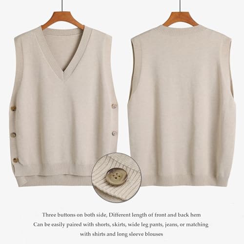 Image of Blostirno Women's V Neck Sweater Vest Ribbed Side Split Button Sleeveless Knit Pullover Sweaters Tops