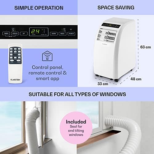 Klarstein Portable Air Conditioner, 4-in-1 Cooling Air Conditioning Unit for Home & Offices, with Night Mode, Dehumidifier & Ventilator, Low Consumption Smart, Portable AC Unit, 10000 BTU Black