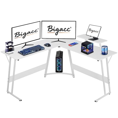Image of L Shaped Gaming Desk, 50 inch Corner Desk, Spacious Dual Tops, P2 Particleboard, Metal Z-Legs, Adjustable Non-Slip Pads, Scratch /Waterproof, Multi-Use Home Office /Game Room /Dorm