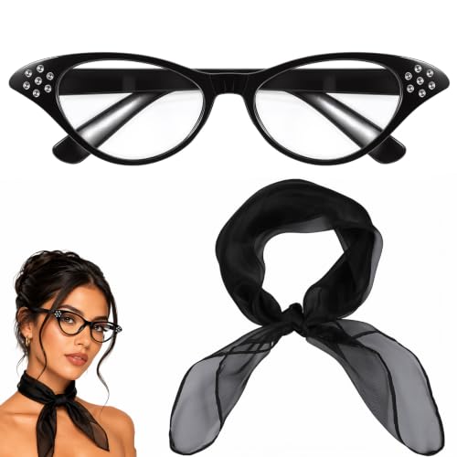 50s Accessories for Women, 1950s Vintage Cat Eye Glasses for Women Soft Chiffon Scarf 50'S Outfits for Womens for Cosplay Party Retro Theme Black
