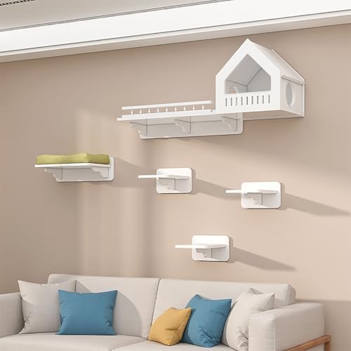 Juego de pared de madera para gatos con estantes y escondites, incluye nido de arco, túnel de árbol, plataformas y puente de aire para gatos de interior
