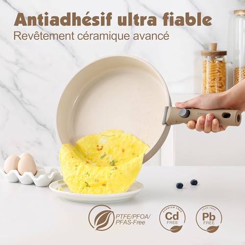 SENSARTE Batterie de Cuisine Induction avec Poignées Amovibles, 17PCS,Beige - 4