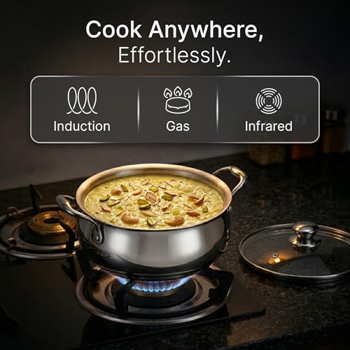 Image of AGARO Regency 3.5 L Triply Stainless Steel Handi with Glass Lid, Tri-Ply Induction & Gas Compatible, Even Heat Distribution, Non-Toxic Steel Cookware, Biryani Pot for Rice, Curry & Daily Cooking