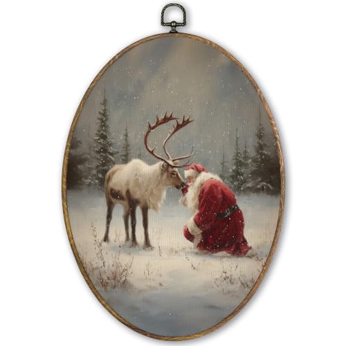 TLESKE Winter Christmas Santa Reindeer Oval Wall Art Decor Framed 9x12