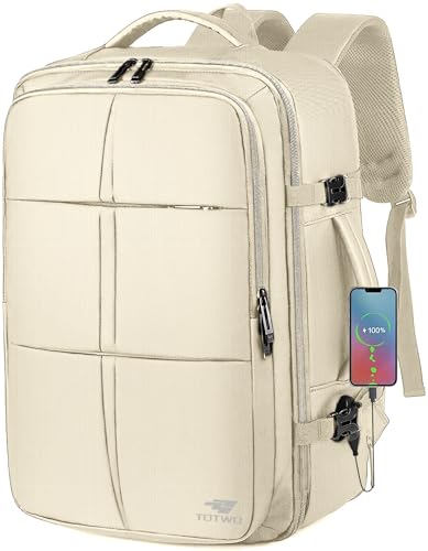 Travel Backpack, Carry On Backpack for Men Women, 55L Extra Large Bag Waterproof Business Luggage Casual Bag Fits 18.4 Inch Laptops with USB Charging Port, Travelers Gift, Beige