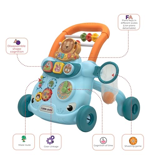 مشاية نشاط بيبي بوش للاطفال الاولاد والبنات بعمر 18 شهر فما فوق مع لوحة تعليمية للعب ومركز نشاط للاطفال من ذا مون براند - ازرق