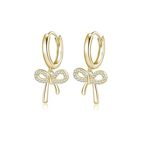 Reffeer Solid 925 Sterling Silver Bow Drop Hoop Earrings for Women Teen Girls Bowknot Hoop Earrings Huggie Ribbon Earrings (B-18K Gold) Cover
