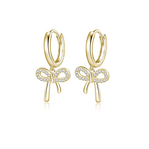 Reffeer Solid 925 Sterling Silver Bow Drop Hoop Earrings for Women Teens Bowknot Hoop Earrings Huggie Ribbon Earrings