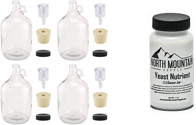 North Mountain Supply 1 Gallon Glass Fermenting Jug with Handle, 6.5 Rubber Stopper, 2-Piece Airlock, Black Plastic Lid - Set of 4 & Food Grade Yeast Nutrient - 3.5 Ounce Jar