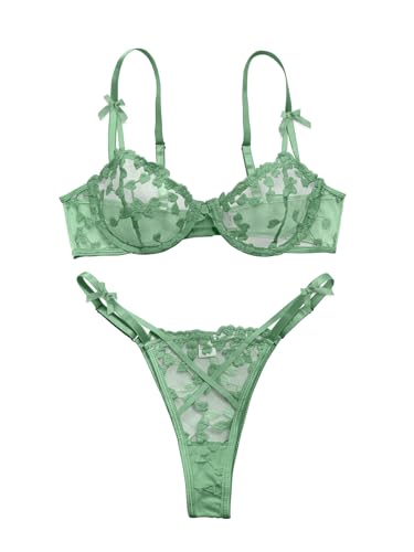 Image of Lilosy Sexy Underwire Cute Push Up Strappy Embroidered Mesh Sheer Lingerie Set See Through Panty Bra