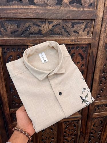 Image of Men's Premium Linen Embroidered Shirt - Casual Designer Floral Bird Embroidery Shirt for Men | Breathable Lightweight Summer Casual Party & Vacation Wear