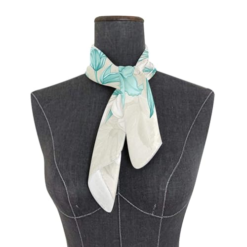 Square Scarf Aqua White Lily Flower Silk Feeling Bandanas Head Scarfs Hair Wraping Neckerchief for Women 23.6 Inch3