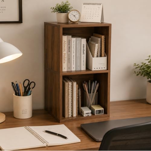 Image of 2 Cube Storage Organizer Wooden Bookshelf, 2 Cube Shelf Bookcase, Small Bookshelf Storage Organizer, 2 Cube Storage Shelf for Bedroom, Small Bookshelf for Living Room and Office (Brown)